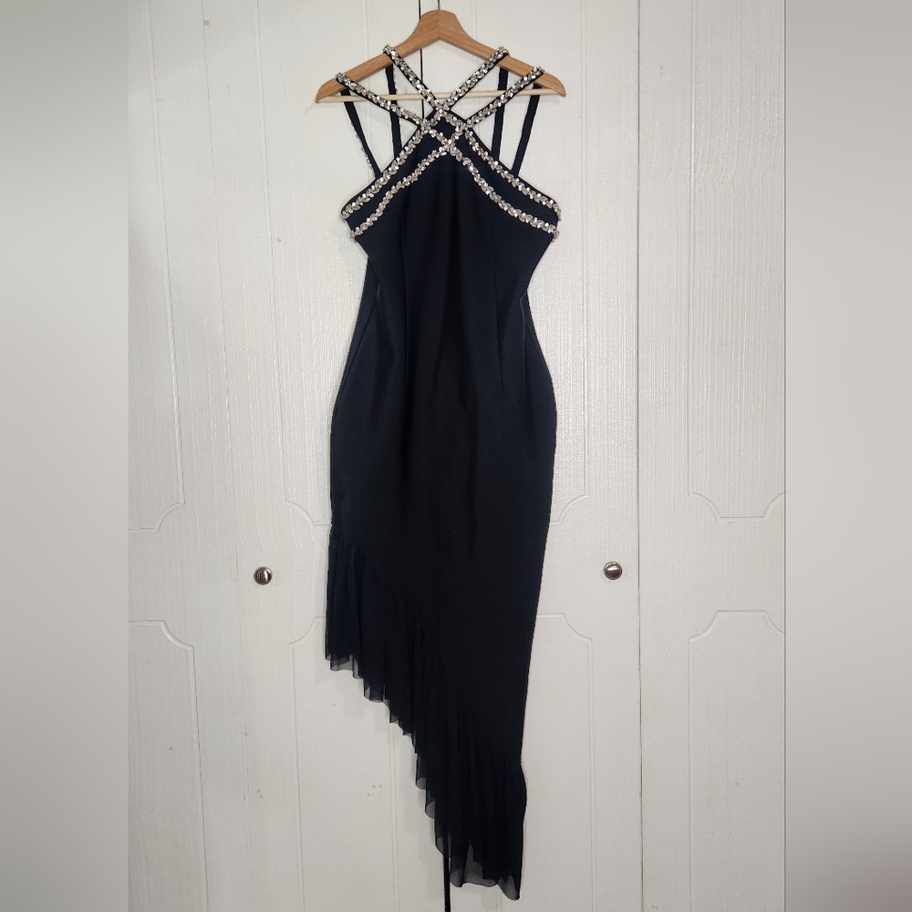 Crystal Beaded Rhinestone Criss-Cross Black Asymmetrical Dress - Picture 5 of 9